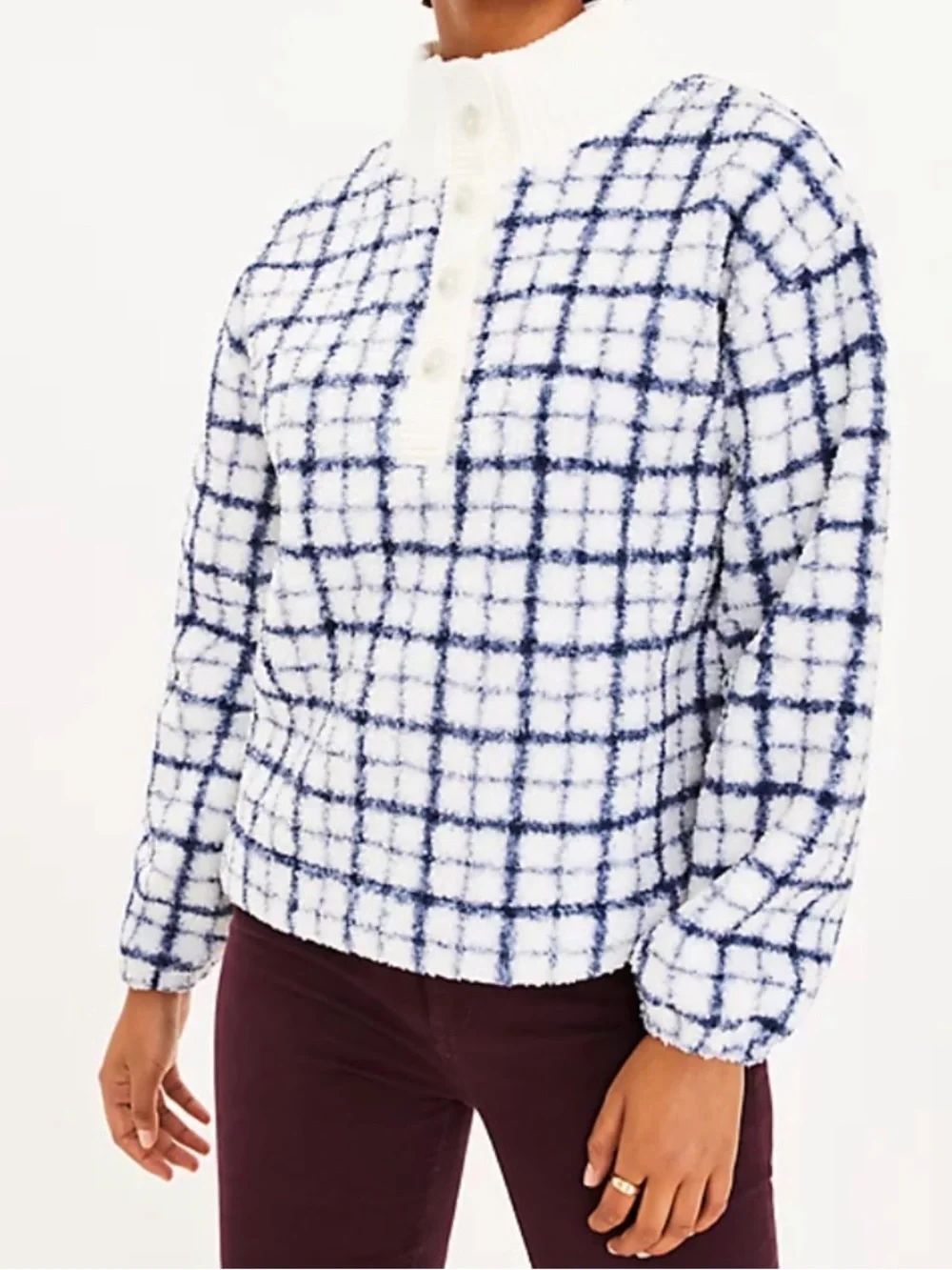 LOFT Plaid Rib Trim Sherpa Top in a Large